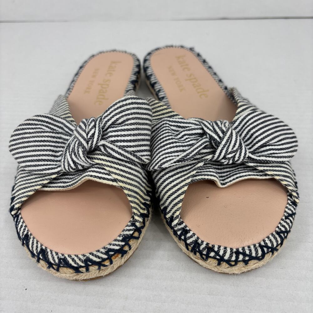 Kate Spade Slide Sandals Size 8 Blue Stripe Saltie Shore Espadrille Flat Bow - Picture 3 of 13